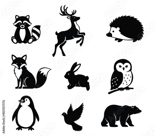 Woodland Animal Silhouettes Vector Set. Cute Forest Wildlife Clipart Collection.