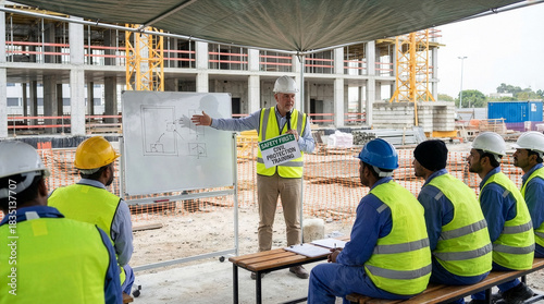 Man explaining safety and civil protection during a training session on a construction site