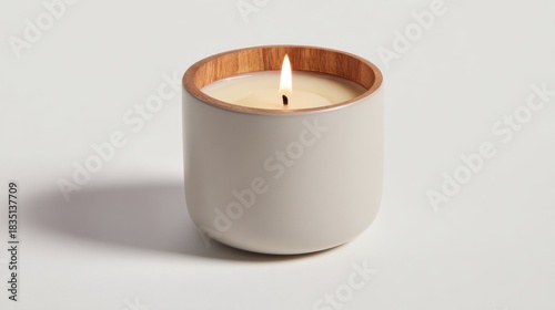 Wallpaper Mural A lit scented candle in a ceramic holder with a wooden rim sits on a white surface. Torontodigital.ca