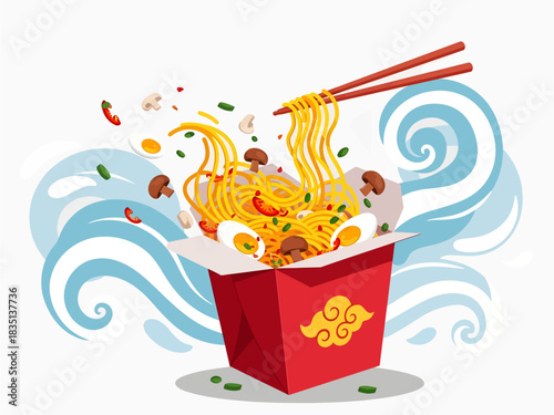 Golden noodles, savory mushrooms, and sliced eggs dynamically burst from a crimson takeout box, swirling amidst stylized ocean waves as wooden chopsticks lift a delicious portion into the air