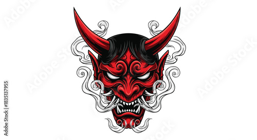 Illustration of a Japanese Oni demon mask with red horns and smoke.