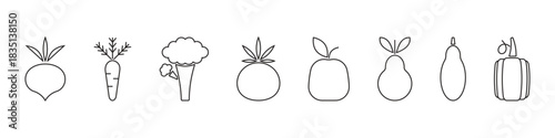 Vector outline icons vegetables and fruits set isolated on white background