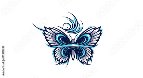 Stylized blue butterfly logo with feathered wings and swirling accents on a white background.
