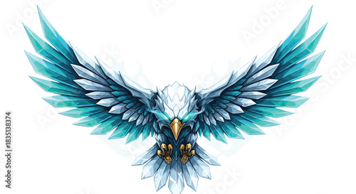 A majestic ice eagle with sharp crystalline wings spreads its wings against a white background.