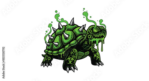 A spiky green turtle with radioactive green slime dripping from its mouth and eyes, a biohazard symbol on its shell.