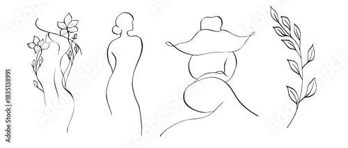 Vector Elegant female with leaves. Hand painted linear contour branch. Graphic clipart isolated. Botanical, tattoo and wedding illustration. For designers, invitations, decoration, postcards, wrapping