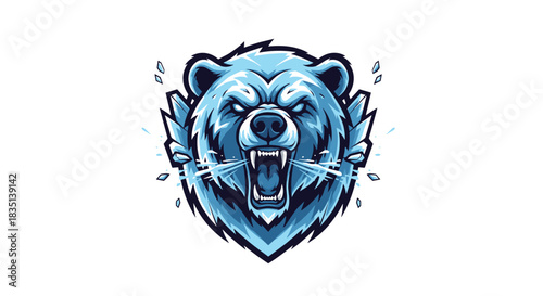 Aggressive blue bear head with ice shards and water splashes, representing power and cold.
