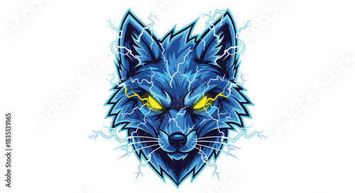 Aggressive blue wolf head with yellow glowing eyes surrounded by electric lightning strikes.