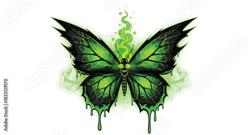 A creepy, glowing green and black butterfly with a skull face and dripping wings on a white background.