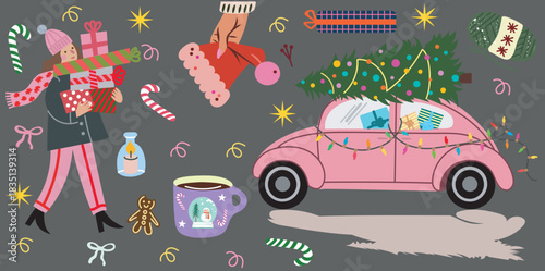 A charming Christmas shopping illustration set with gift bags, wrapped presents, mugs of cocoa, winter accessories, candy canes, and festive decorations. Perfect for holiday advertising, packaging