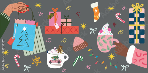 Playful Christmas illustration featuring a girl carrying presents, a pink retro car with a decorated tree, holiday lights, hot cocoa, candy canes, and festive winter accessories.