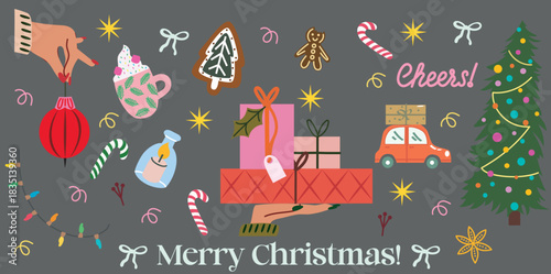 A festive Christmas illustration set featuring ornaments, candy canes, holiday mugs, wrapped gifts, gingerbread cookies, and cozy winter drinks. Bright playful elements on a dark background
