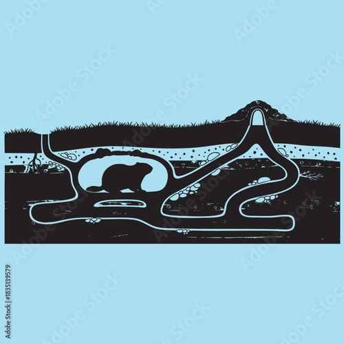 burrow, underground, tunnel, cross-section, groundhog, animal, den, vector, illustration, soil, earth, hole, habitat, hibernation, chamber, nature, wildlife, marmot, woodchuck, badger, rodent, home, d