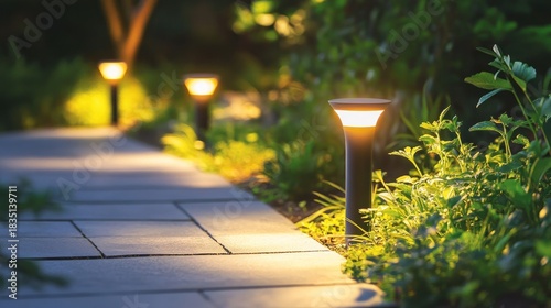 Illuminated garden path at night with landscape lighting