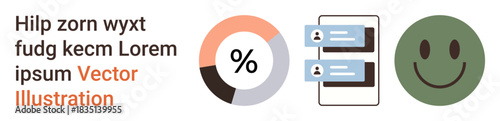 Data analysis, communication, user feedback, social media interfaces, digital metrics, online interaction. Pie chart, chat boxes and a happy face. Data analysis and communication concepts