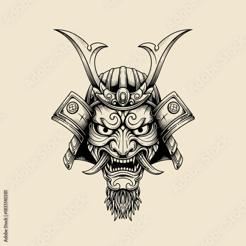 Intimidating samurai mask silhouette isolated on white background