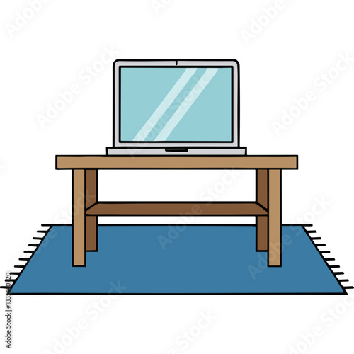 Simple Wooden Desk with Modern Computer Monitor Displaying Light Blue Screen Set on Blue Mat Against Black Background With Natural Lighting and Clean Design