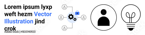 Business strategy, innovation, network solutions, idea generation, team collaboration, personal identity. Gear connecting icons, a user icon and a light bulb. Network solutions and innovation