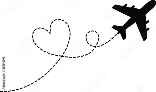 Romantic getaway concept featuring a silhouetted airplane flying a heart shaped path, perfect for travel blogs, vacation promotions and destination wedding invitations