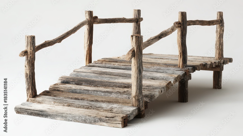 Obraz premium Rustic wooden footbridge isolated on a white studio backdrop