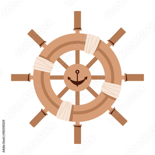 Wooden Ship Steering Wheel with Nautical Anchor Symbol. Flat cartoon illustration ideal for marine themes.