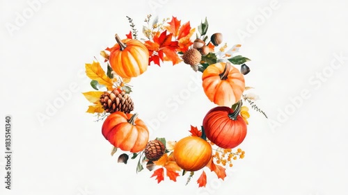 Fall themed wreath with pumpkins and cones