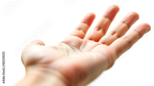 Open human hand reaching out with fingers extended isolated on white backdrop