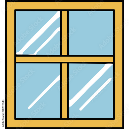 Simple Wooden Framed Four Pane Window with Light Blue Glass and White Streaks in a Minimalist Design