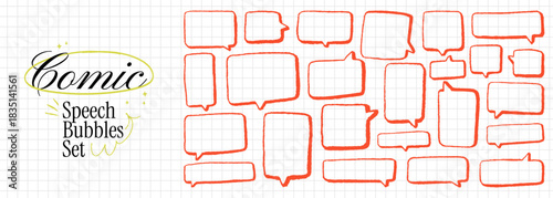 Comic pen speech bubble set. Funky vector charcoal rectangular shapes. Crayon line outlines and doodle school balloon silhouettes for text. Pencil talk and message text box collection.