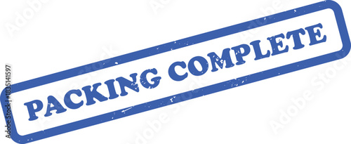 Blue Packing Complete Rubber Stamp with Distressed Texture on Transparent Background