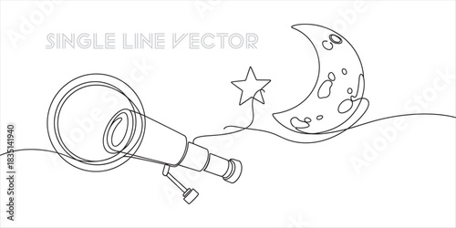 Telescope observing moon and star line drawing