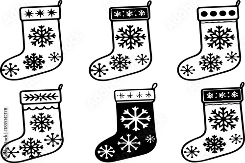 Collection of Christmas stockings with festive snowflake patterns silhouette style
