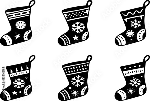 Collection of Christmas stockings with festive snowflake patterns silhouette style

