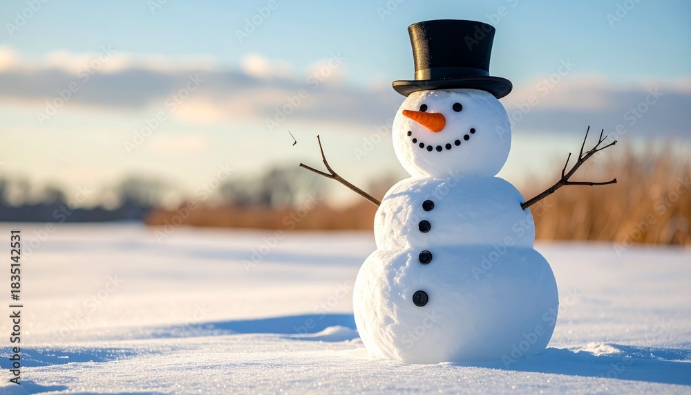 Obraz premium Snowman with black top hat, carrot nose, coal smile, and five buttons standing in snowy field under blue sky.