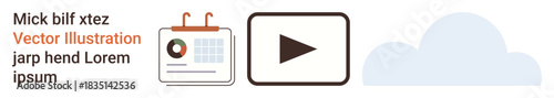 Content planning, multimedia, cloud storage, scheduling, broadcasting, technology. Includes a calendar, play button and cloud symbol. Content planning and multimedia storage concepts