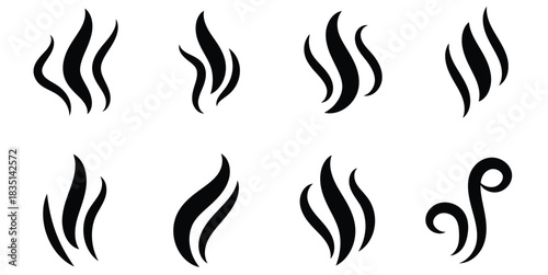 ArSet of solid black icons representing abstract smoke or steam plumes, ideal for warmth and aroma conceptst & Illustration