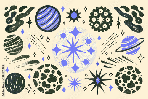Abstract illustration of planets stars and celestial bodies in blue and black