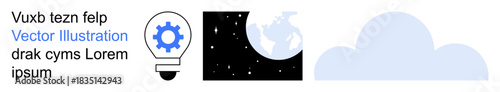 Innovation, space exploration, data storage, creativity, technology, global connection. Gear icon in light bulb, night sky with Earth cloud shape. Innovation and technology concept