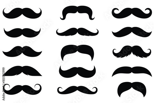 Man moustaches collection, vector illustration featuring various styles of moustaches for men, perfect for grooming designs, barber shop graphics, facial hair illustrations, costume design, photobooth