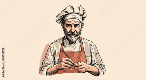 Vintage Sketch of Senior Chef with Apron and Hat