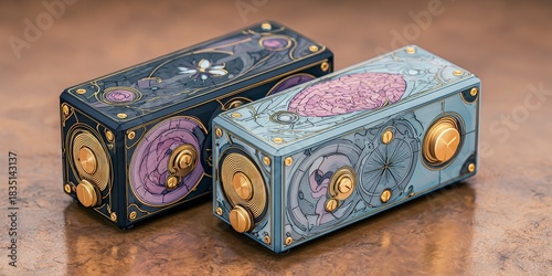 Two ornate art deco style boxes with gold accents and abstract designs. Elegant decorative containers for gift card or packaging concept.