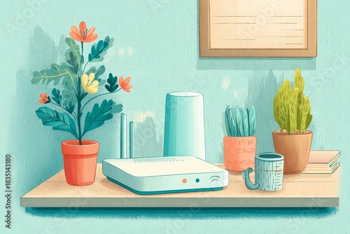 Wireless router and potted plants on a shelf. Cozy home office or study space decoration. Internet connection and indoor gardening concept.
