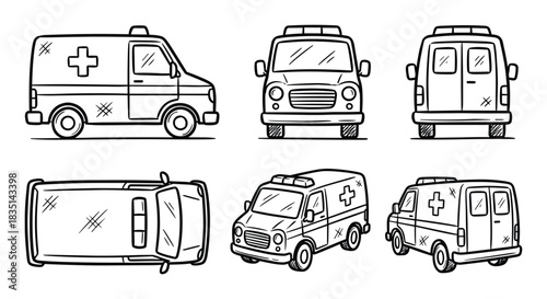 Ambulance vehicle collection different angles. Emergency transport illustration set. Doodle style ambulance car.