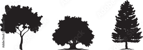 Tree Silhouette Set – Black Landscape Trees Vector, Simple Forest Shapes - black silhouette of a bear