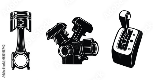 Automotive engine parts set; piston, cylinder heads, gear shifter; vehicle maintenance and repair.