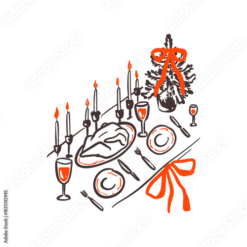Merry Christmas and Happy New Year celebration festive table with Christmas tree, chicken, plates, candles with coquette red bow. Hand drawn whimsical crayon, pencil, charcoal dooodle sketch drawing