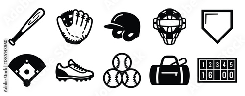 Baseball icons collection. Sports equipment, game symbols, and leisure activity objects.
