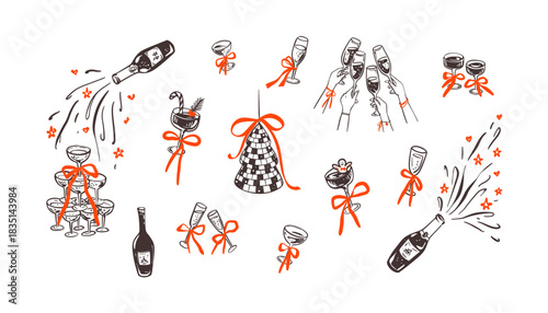 Merry Christmas and Happy New Year girly bachelorette champagne disco party. People raising hands with celebration toast with champaign glasses. Girly cocktail tower with coquette cute bows