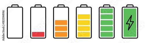 Battery charge level indicator icons set. Battery power from empty to full. Green lightning bolt charging icon.