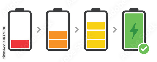 Battery charge level indicators from empty to fully charged with checkmark. Power status red orange.
